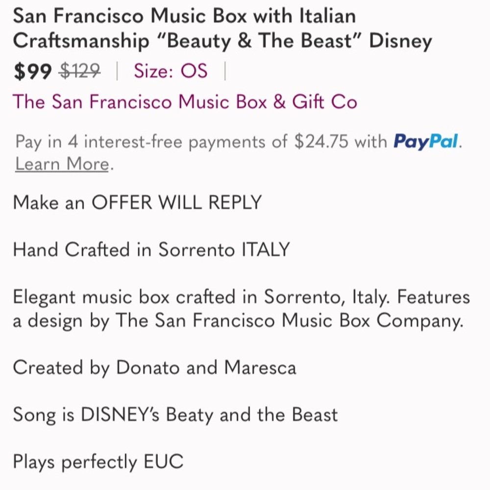 San Francisco Music Box with Italian Craftsmanship “Beauty & The Beast” Disney - Picture 7 of 7